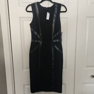 New York & Company Black Midi Dress with Leather Details